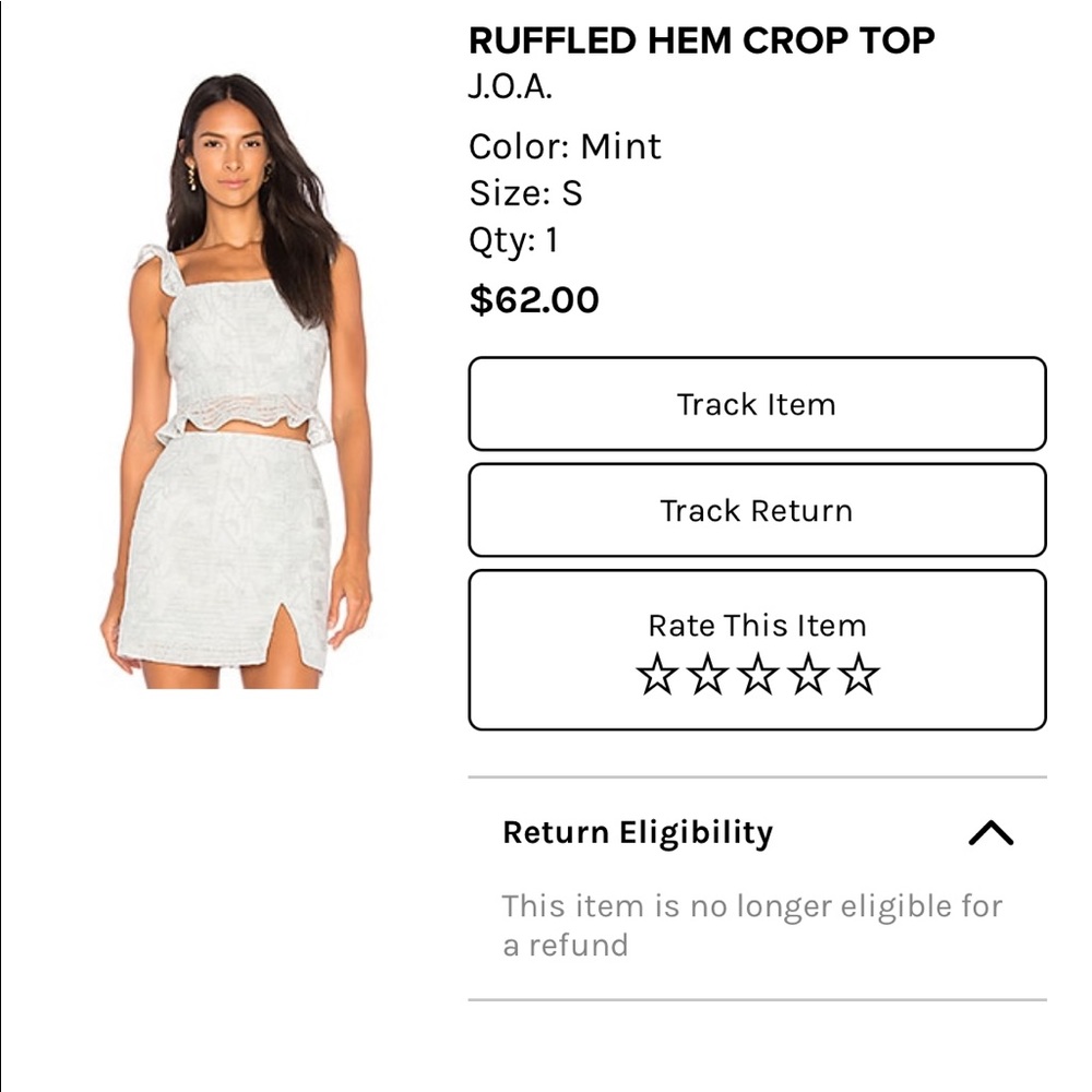 JOA | Revolve | Ruffled hem crop top and lace mini skirt set in Mint
